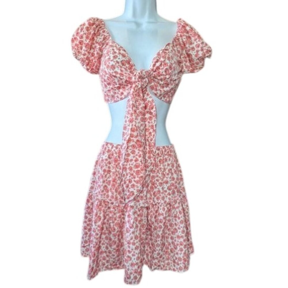 Shein 2 Piece Set Outfit Tie Front Crop Top Elastic Waist Tiered Skirt L 8/10